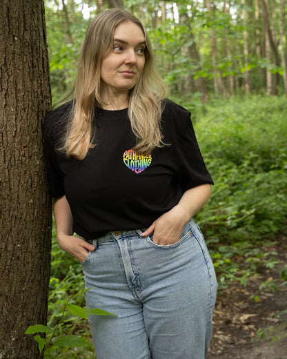 Model wearing Born to Roam organic LGBTQ hiking t-shirt