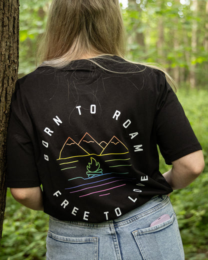 Model wearing Born to Roam organic LGBTQ hiking t-shirt
